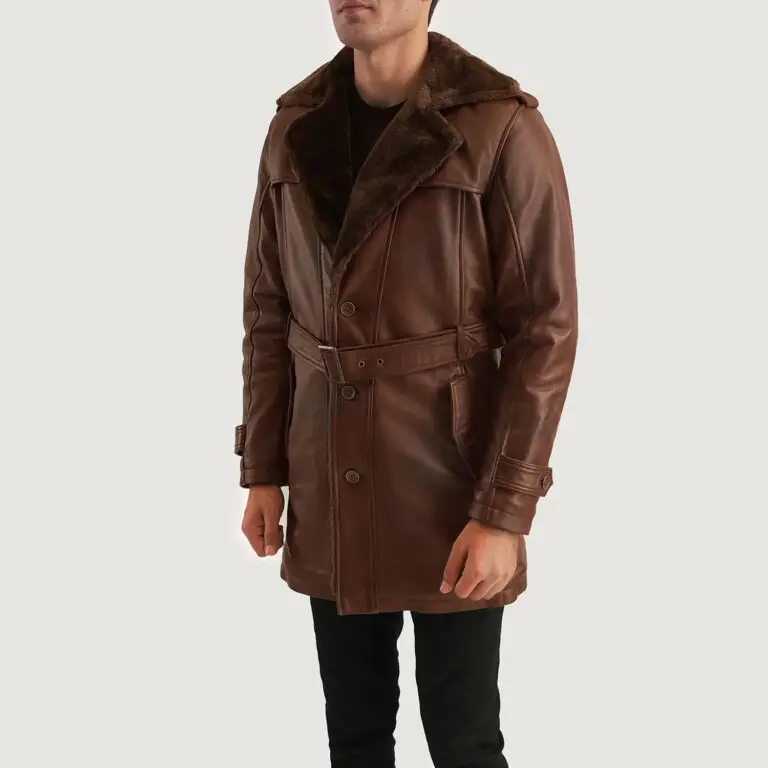 Mens Hunter Distressed Brown Fur Leather Coat Side Pose-3-1701087294150